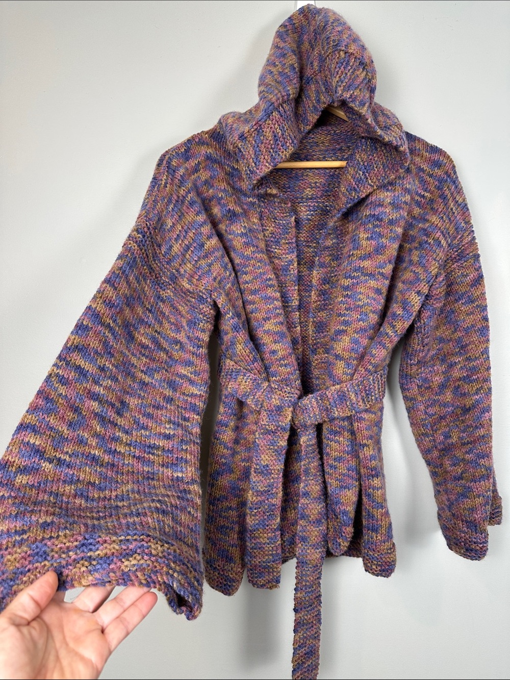 Hand knit Handmade cardigan sweater hooded belted waist boho wide sleeve